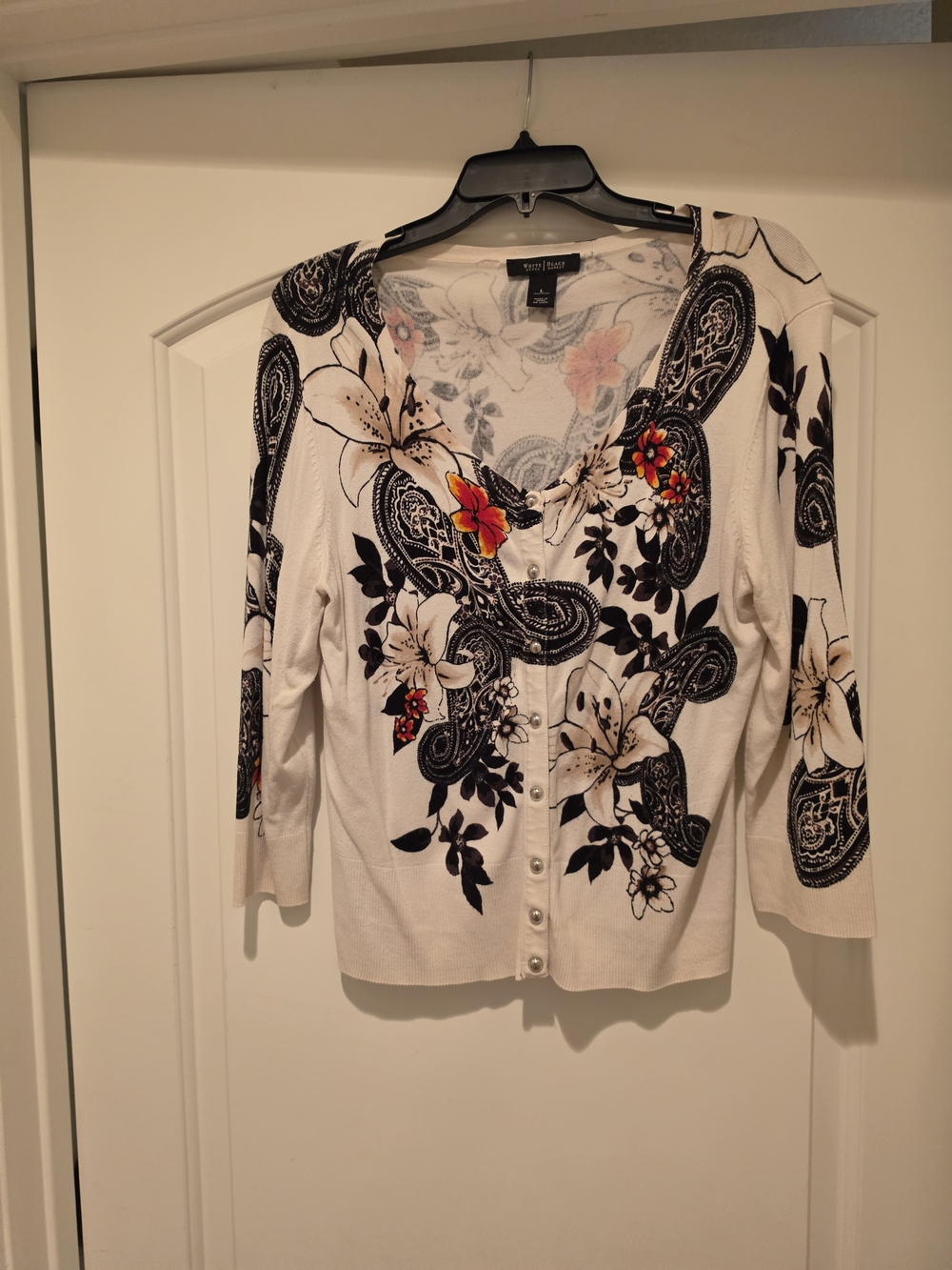 White House Black Market White Floral Button-Front Women's Sweater Cardigan